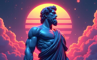 Greek god sculpture in retrowave city pop design, vaporwave style colors. High quality
