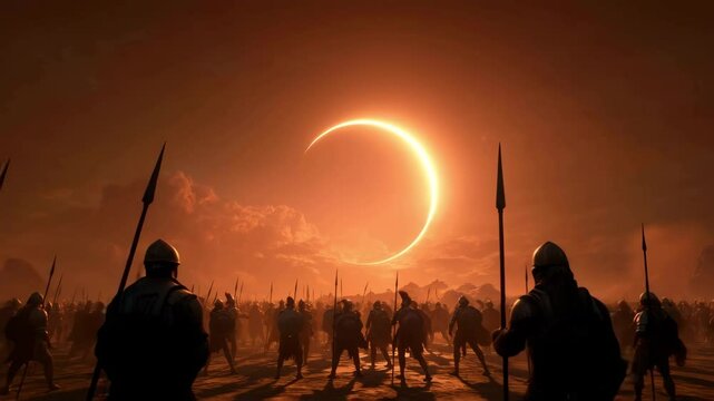 Pulling back as the sun stands still, backlighting the Israelites from the book of Joshua in the bible, evoking a sense of awe and reverence. 