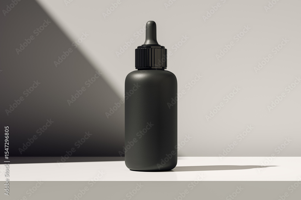 Poster black dropper bottle mockup standing on white surface with angled sunlight and shadow for cosmetic o