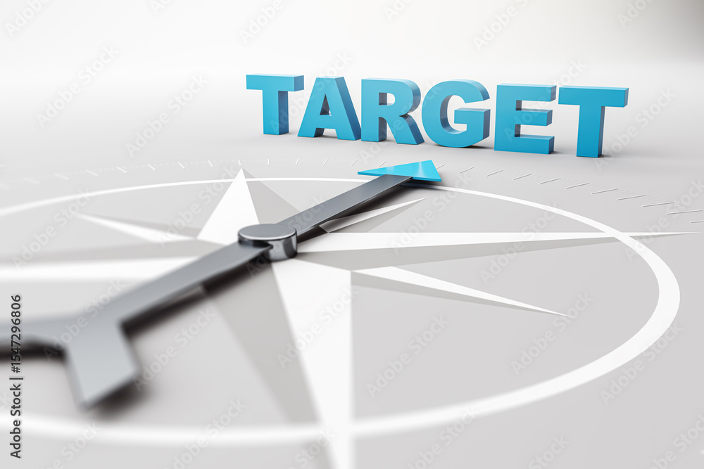 Poster 3d rendering of a compass needle pointing toward the word target in blue letters on a grey surface s