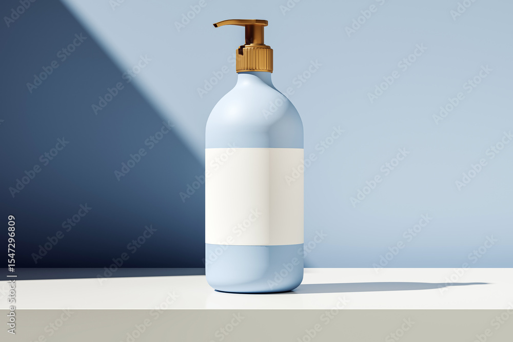 Poster cosmetic pump bottle with blank label on white surface under sunlight and shadow, minimalist blue gr