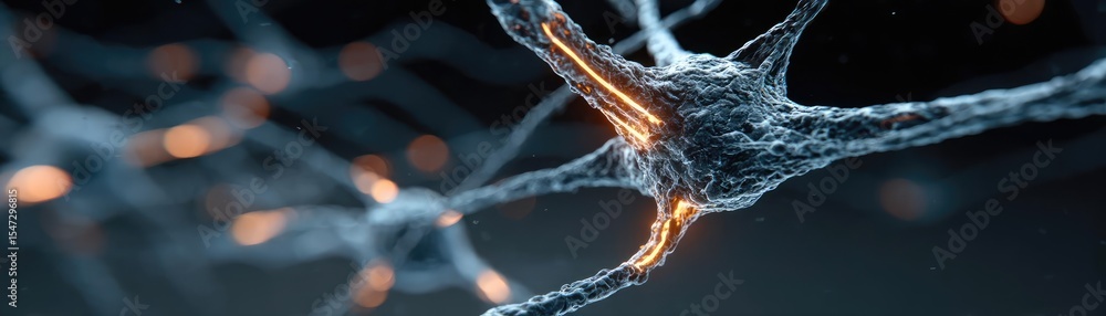 Poster Neurotransmitter imbalance affects dopamine pathway concept. Close-up view of a neuron network with glowing synapses.