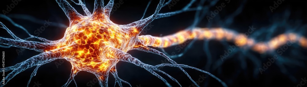 Poster Neurotransmitter imbalance affects dopamine pathway concept. Close-up view of a glowing neuron showcasing its intricate structure.