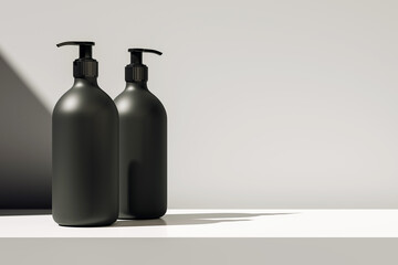 Two black pump dispenser bottles on white surface with sunlight and shadow, minimalist packaging mockup for cosmetic or soap product design. 3D Rendering