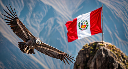 Andean Condor Flying in Foreground against Peruvian Flag Raised at Rocky Cliff in Background