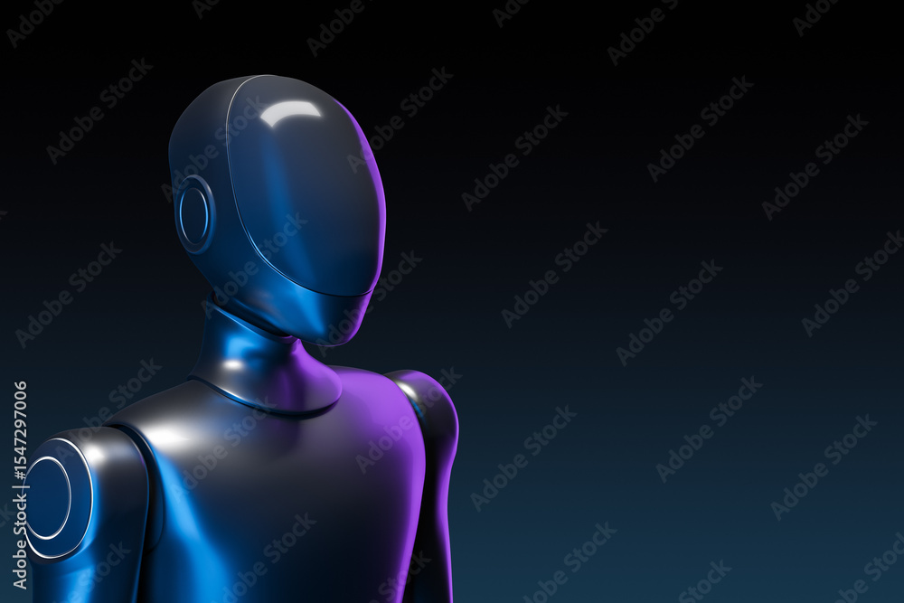 Aufkleber Futuristic humanoid robot with smooth metallic surface illuminated by neon lights, shown from side view on dark gradient background. 3D Rendering