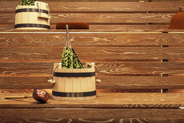 Traditional wooden sauna interior with accessories including birch whisk, bucket, and ladle placed...