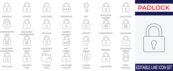 A professional collection of line icons featuring padlocks, keys, and digital lock elements. Ideal for password protection, cybersecurity, and secure access interfaces.