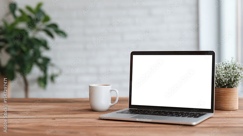 Fototapete laptop computer showing blank screen on work table. copy space image. place for adding text and desi