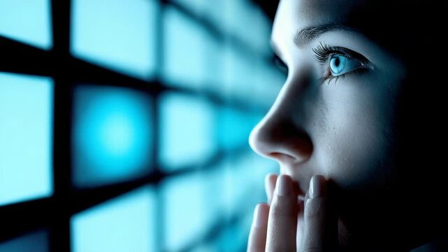 Thoughtful young woman face closeup illuminated by blue light from digital screen, futuristic technology atmosphere with reflection her eye and hand, modern female inspired by innovation, science
