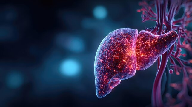 Gallbladder blockage causes cramp and scan concept. Detailed illustration of a human liver with vibrant colors.