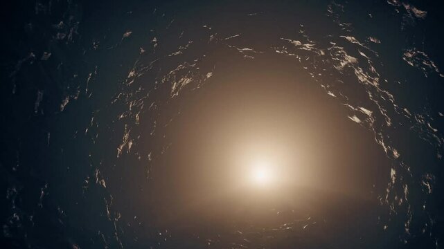 Mysterious glowing tunnel of warm light in the darkness, evoking symbolism of spiritual awakening, afterlife, near-death experiences, rebirth, inner journey, and transcendental transformation