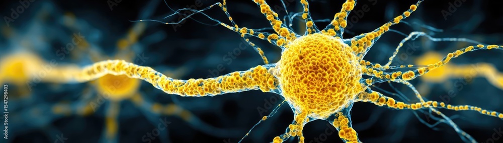 Poster dopamine regulation and pathway disruption concept. close-up view of a neuron with vibrant colors an