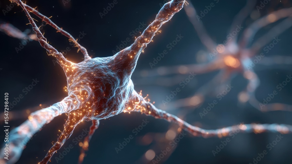 Poster Neurotransmitter imbalance affects dopamine pathway concept. Close-up view of interconnected neurons with glowing synapses.