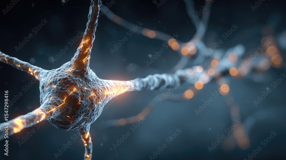 Poster neurotransmitter imbalance affects dopamine pathway concept. close-up of a neuron illustrating elect