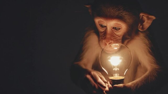 Close-up of young monkey embracing a lit bulb with deep focus, conveying raw curiosity, emotional intelligence, symbolic fusion of nature and knowledge, light as awareness