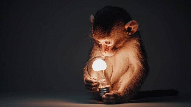 Adorable baby monkey holding a glowing lightbulb in a dark room, symbolizing innocence, curiosity, evolution, intelligence, and the origin of creative thought and primal understanding of ideas