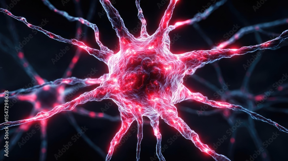 Poster dopamine regulation and pathway disruption concept. illustration of a neuron with vibrant colors and