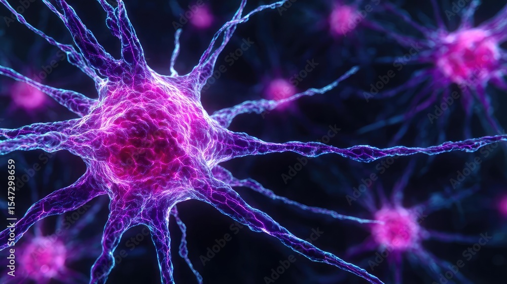 Poster Dopamine regulation and pathway disruption concept. Close-up view of vibrant neural cells in a microscopic format.