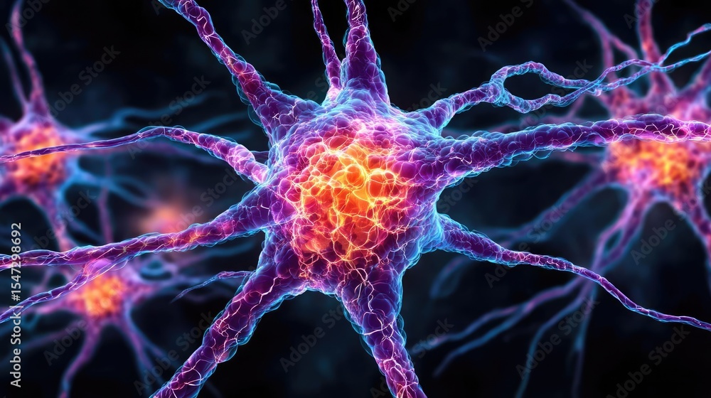 Poster dopamine regulation and pathway disruption concept. close-up view of colorful neurons in a digital i