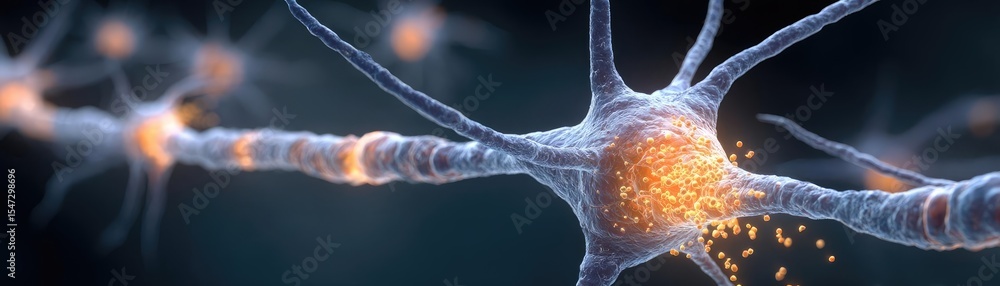 Poster Neurotransmitter imbalance affects dopamine pathway concept. Detailed view of a neuron illustrating synaptic activity.