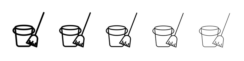 besom with stick and pail icon flat illustration set logo