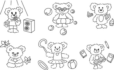 Cute cartoon bear outline set. Animal character for children, vector illustration.