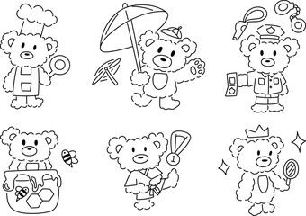 Cute cartoon bear outline set. Animal character for children, vector illustration.