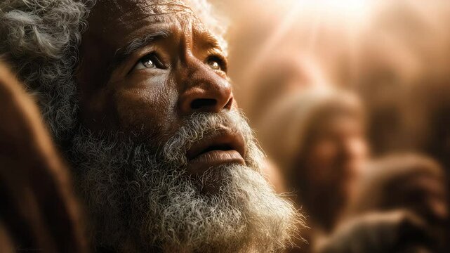 Photorealistic depiction of a radiant Moses, eyes uplifted in awe, surrounded by a crowd, capturing a moment of divine revelation. Inspired by Exodus 34:29-35.