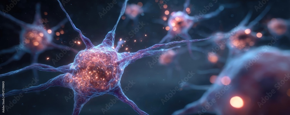 Poster Neurotransmitter imbalance affects dopamine pathway concept. Close-up view of neurons showcasing their intricate connections.