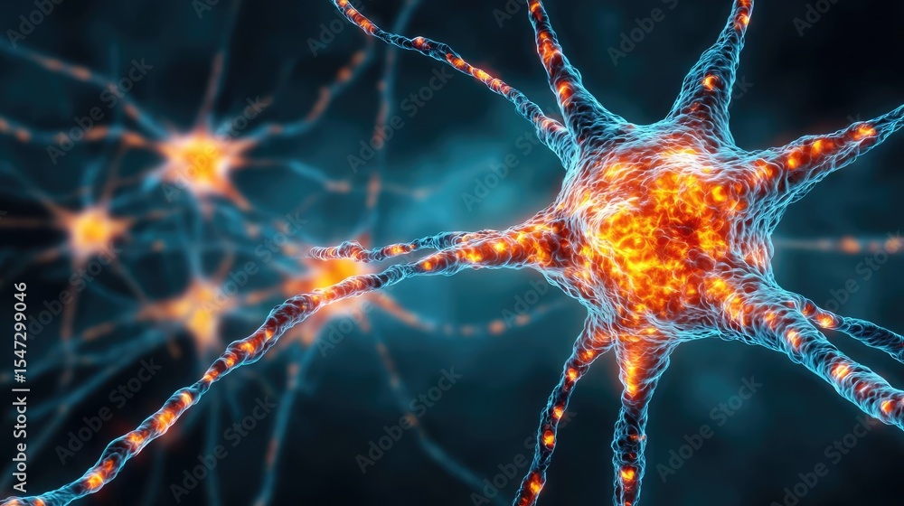 Poster Neurotransmitter imbalance affects dopamine pathway concept. Close-up view of glowing neurons in a digital representation.