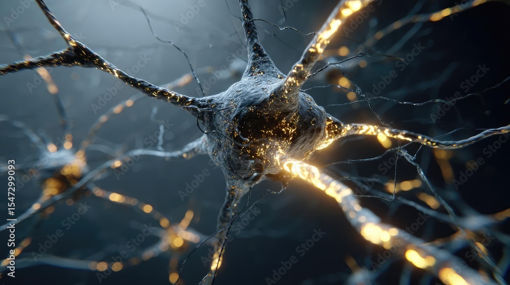 Aufkleber Neurotransmitter imbalance affects dopamine pathway concept. Close-up view of a neuron with luminous connections and textures.