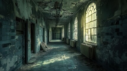 Decayed hospital hallway