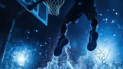 Basketball player jumping to dunk at night under dramatic lights in a gym, showcasing athleticism and dynamic motion in sports action photography.
