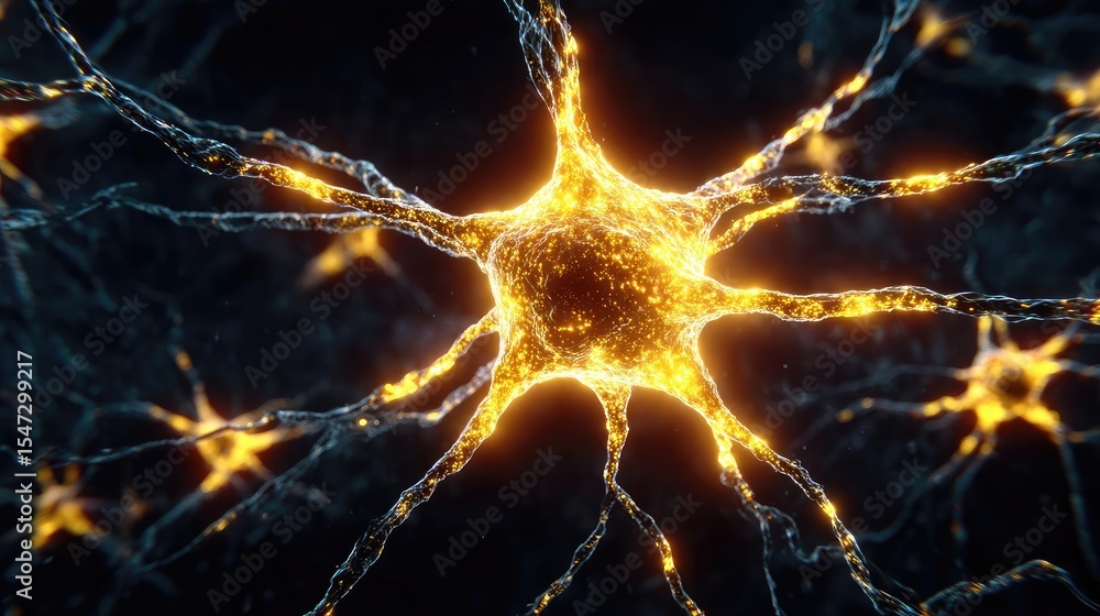 Poster Neurotransmitter imbalance affects dopamine pathway concept. Close-up view of glowing neurons representing brain activity.