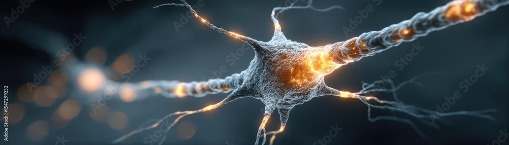 Poster Neurotransmitter imbalance affects dopamine pathway concept. Close-up of a neuron cell transmitting electrical signals.