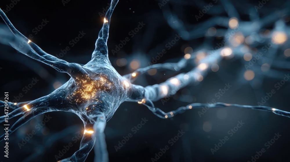Poster neurotransmitter imbalance affects dopamine pathway concept. close-up of a neuron with glowing conne