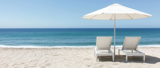 Obraz premium Beach chairs and umbrella on sandy shore overlooking calm ocean waves in sunny coastal paradise ideal for relaxation and summer vacation getaway.