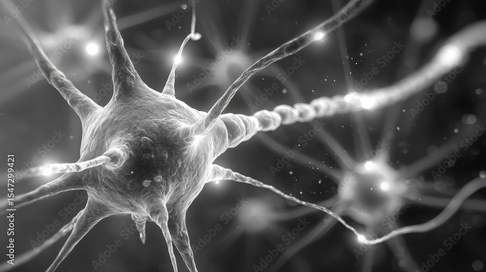 Poster Neurotransmitter imbalance affects dopamine pathway concept. Close-up view of neurons showcasing their intricate structure.