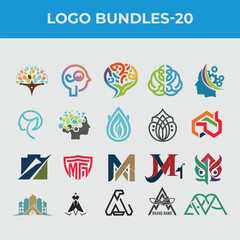 Twenty modern and colorful logo designs collection with diverse abstract concepts and branding elements