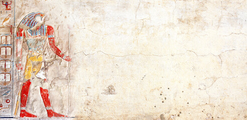 Horizontal background with ancient Egyptian-inspired colorful wall painting that evokes atmosphere...