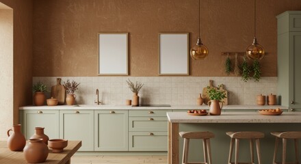 Two Vertical Wooden Frame Mockup in a Rustic Mediterranean Kitchen with Sage Green Cabinets