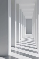 Long, minimalist white corridor with evenly spaced columns and soft lighting