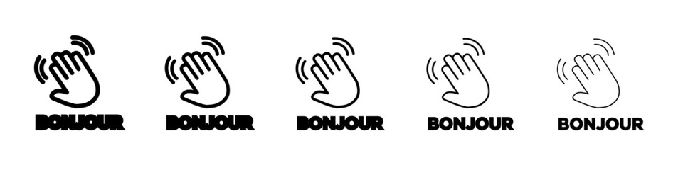 Bonjour text with hand wave icon flat illustration set logo © Mincraft