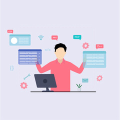 Man working on responsive web development Illustration