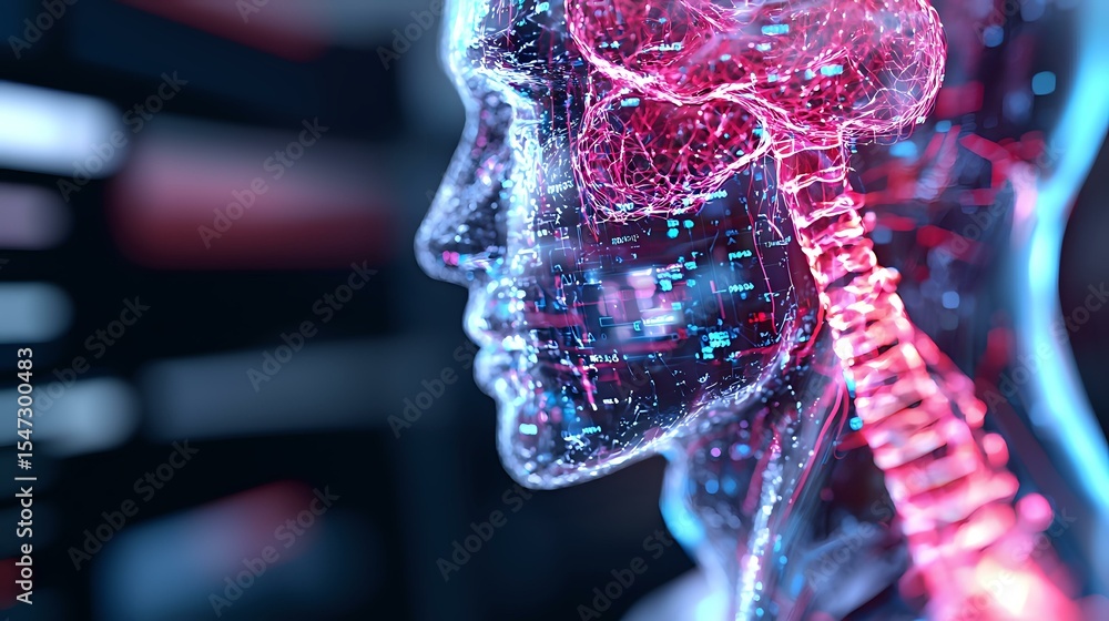Poster glowing digital wireframe profile showing neural network connections and spine structure in pink and