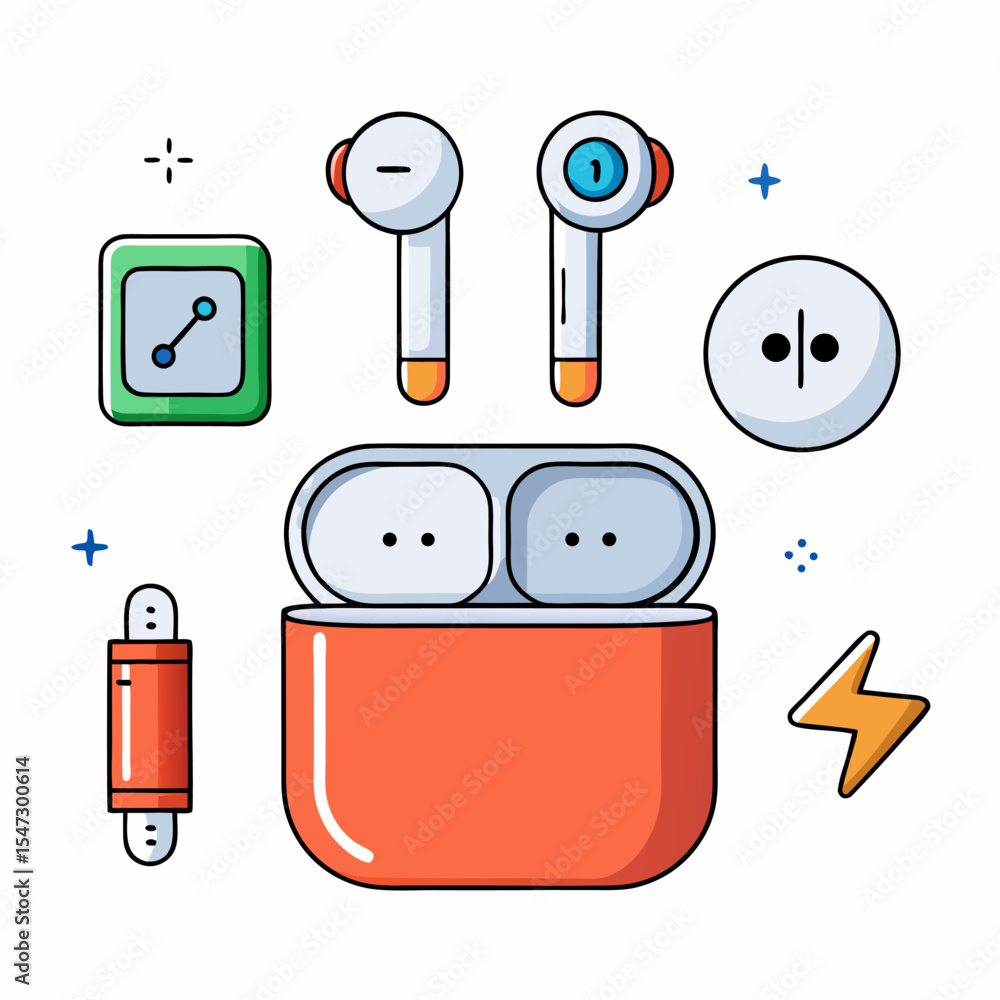 Poster modern line art icon of wireless earbuds with an open charging case indicating power and connectivit