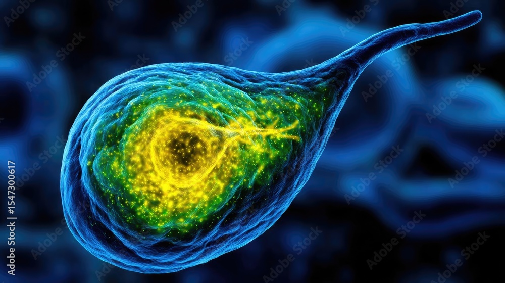 Poster gallbladder issue from blockage and infection concept. microscopic view of a vibrant, luminous singl