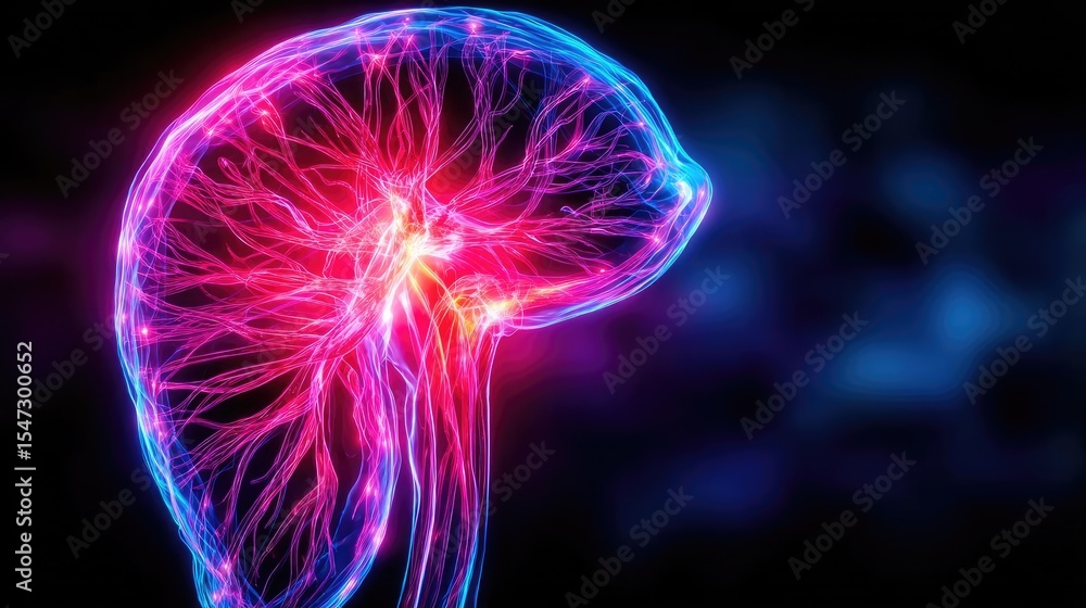 Poster Gallbladder blockage causes cramp and scan concept. Illustration of vibrant neural connections in the human brain.