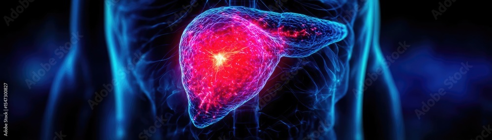 Poster gallbladder blockage causes cramp and scan concept. an artistic representation of the human liver wi